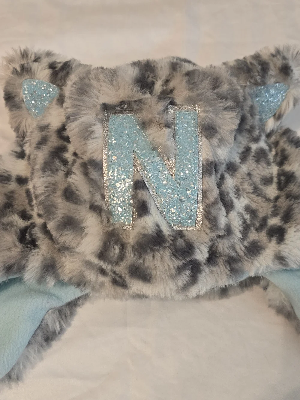 Justice Gray Leopard Faux Fur Earflap Hat with Light Blue Glitter Accents